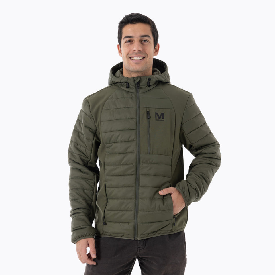 Merrel Men's Olive Green Hooded Mixed Media Puffer Jacket