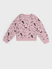 Pink sweatshirt with black text and graphics on a white background
