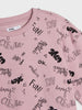 Pink sweatshirt with black text and graphics on a white background