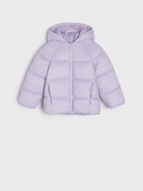 Purple puffer jacket on a light gray background
