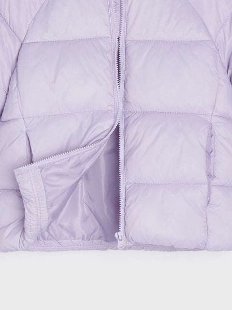 Close-up of a light purple quilted jacket with a zipper on a white background