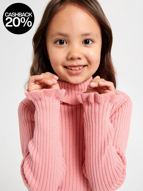 Child wearing a pink ribbed sweater against a plain background