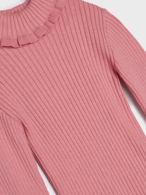 Pink ribbed sweater with ruffled collar on a white background