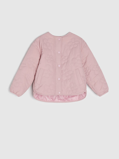 Pink quilted jacket on a light gray background