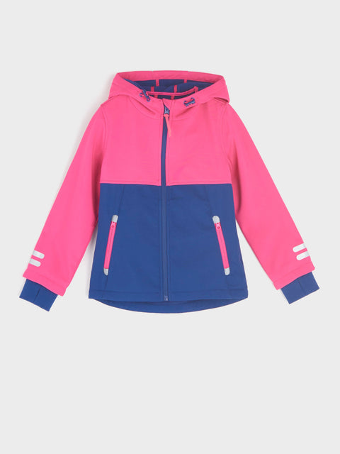 Pink and blue jacket with zippers on a light gray background