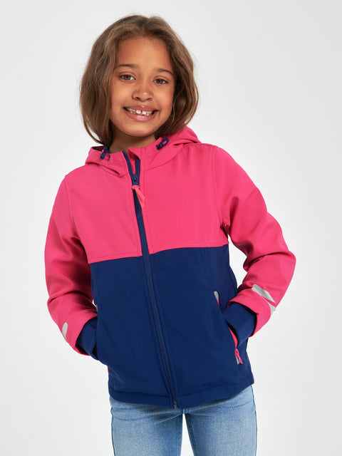 Child wearing a pink and navy jacket on a white background