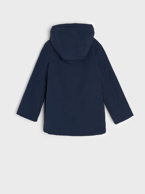 Navy blue hooded jacket on a light gray background