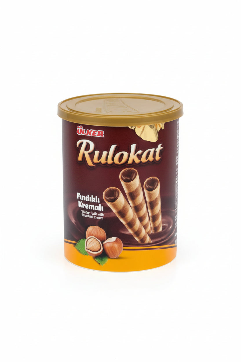 A packaged product of Ulker Rulokat Wafer Rolls with Hazelnut Cream 170g, showing the product name, images of the wafers, and the brand's logo.