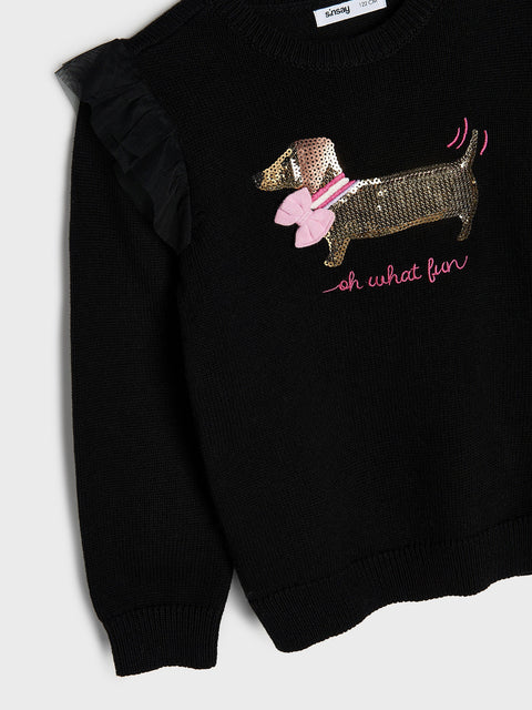 Black sweater with a dog graphic and text 'oh what fun' on a white background