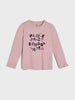 Pink long-sleeve shirt with colorful text on a white background