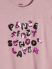 Pink t-shirt with sequin text 'DANCE FIRST SCHOOL LATE' on a plain background