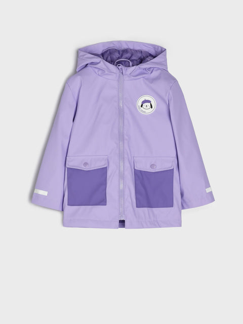 Purple raincoat with a logo on a white background