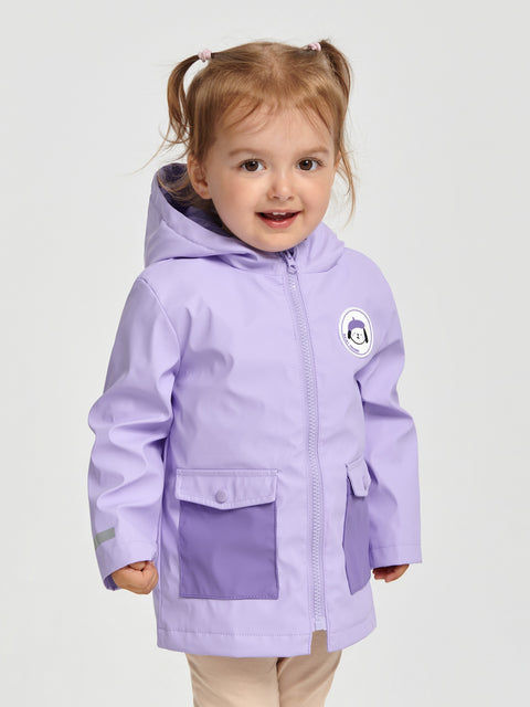 Child wearing a purple raincoat with a logo on a white background
