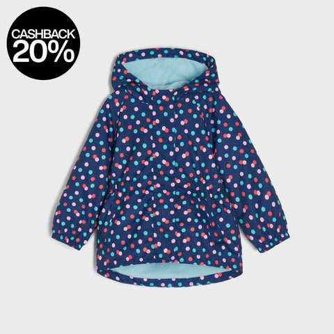 Children's raincoat with blue and pink polka dot pattern on a white background
