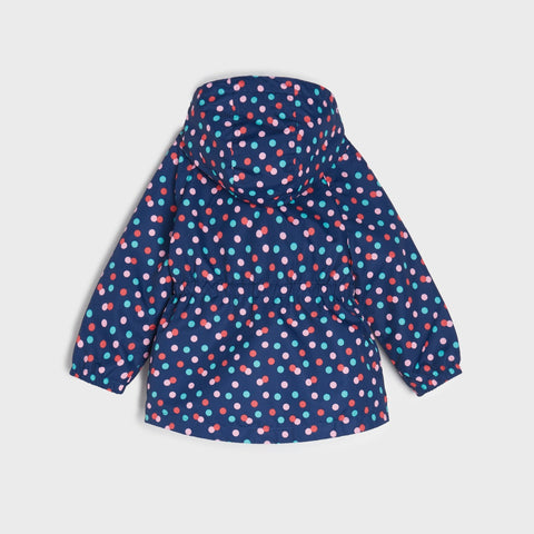 Navy blue jacket with colorful polka dot pattern on a light gray background