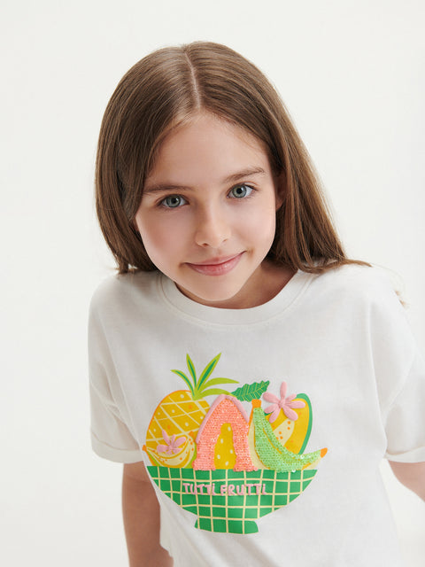 Reserved Girl's White Printed Round Neck T-Shirt | Reserved In Lebanon