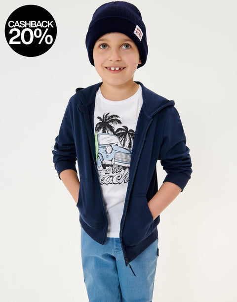 Child wearing a navy hoodie, white t-shirt with graphic design, and blue jeans on a light gray background