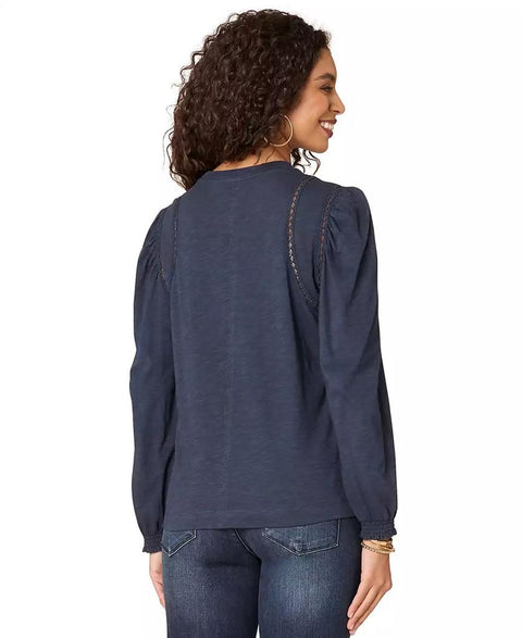 Democracy Women's Navy Petite Crewneck Crochet Long-Sleeve Blouse | Democracy In Lebanon