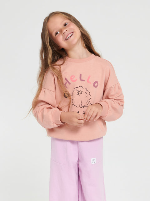 Young girl wearing a pink 'HELLO' sweatshirt with a sheep graphic on a white background