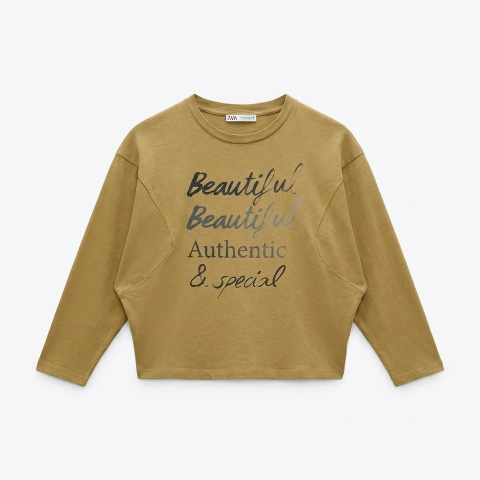Zara Girl's Tan Graphic Crewneck Blouse | Zara In Lebanon