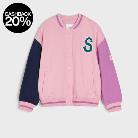 Pink varsity jacket with a letter 'S' on a light gray background