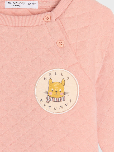 Pink children's sweater with a 'Hello Autumn' patch featuring a cat design.