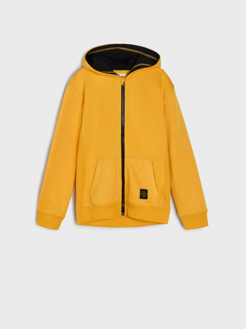 Yellow hoodie with black zipper and trim on a light gray background