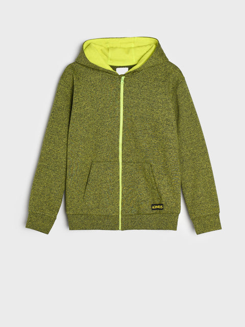 Green hoodie with a zipper on a white background