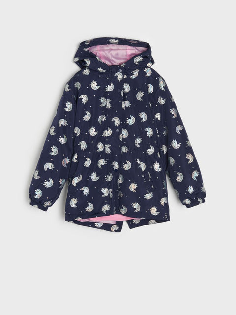 Navy raincoat with unicorn pattern on a white background