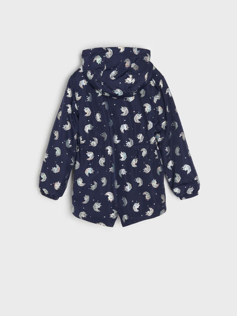 Navy blue jacket with white pattern on a white background