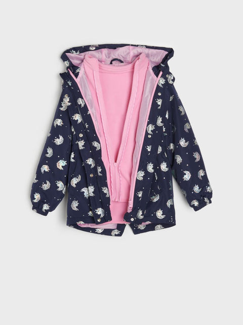 Navy blue jacket with unicorn pattern and pink interior on a light gray background
