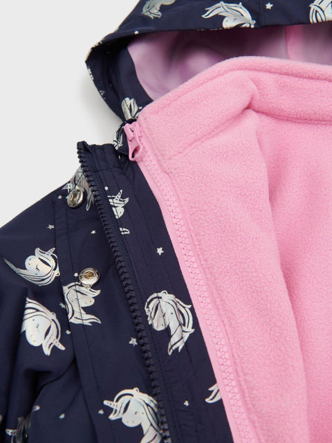 Close-up of a navy jacket with unicorn pattern and pink interior lining.