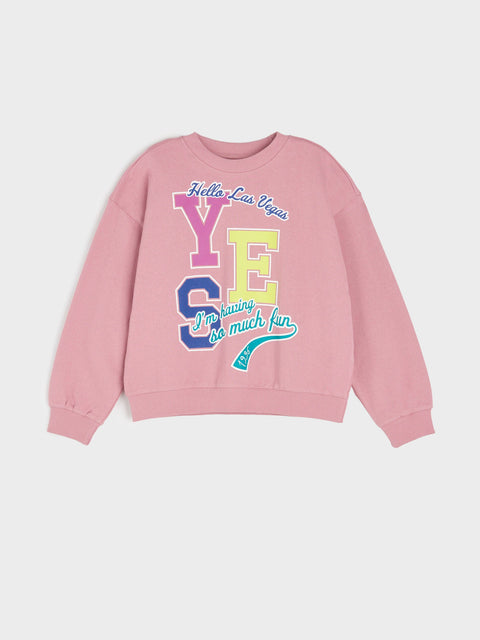 Pink sweatshirt with colorful text on a light gray background