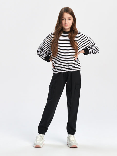 Sinsay Girl's Black & White Striped Jogging Sweatshirt | Sinsay In Lebanon