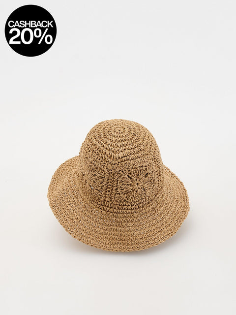 Brown woven hat on a light beige background