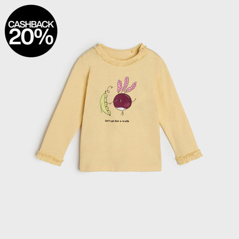 Yellow long-sleeve shirt with a graphic design on a white background