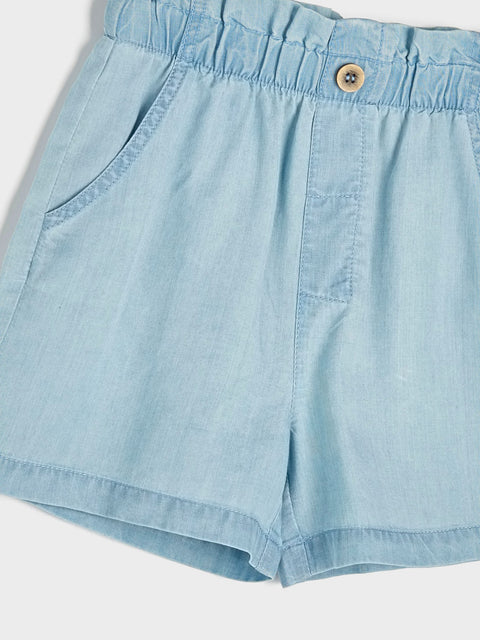 Light blue shorts with a button on a white background