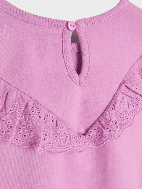 Close-up of a pink garment with lace trim and a button on a light gray background