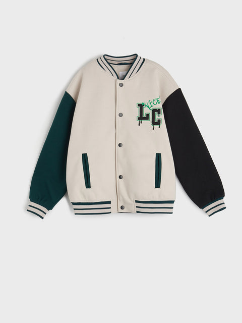 Varsity jacket with green and black sleeves on a white background
