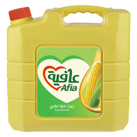 Yellow container of Afia corn oil with a green label featuring a corn kernel.