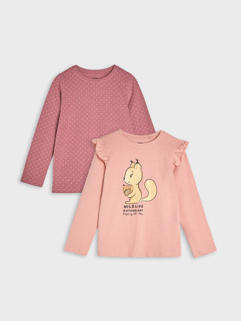 Two children's long-sleeve shirts on a light gray background
