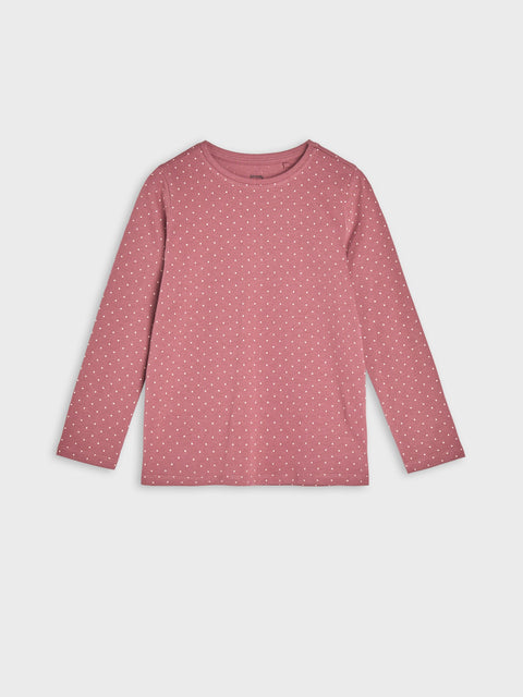 Pink long-sleeve shirt with subtle pattern on a light gray background
