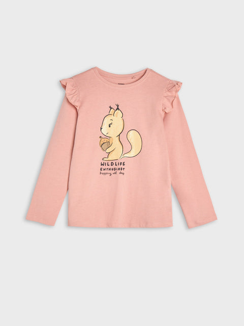 Pink long-sleeve shirt with a squirrel graphic on a light gray background