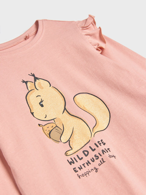 Pink sweatshirt with a cartoon squirrel design and text on a light gray background