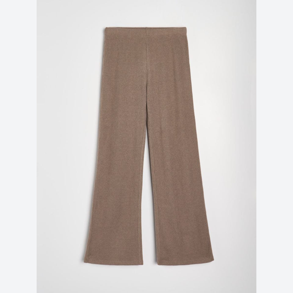 A pair of wide-leg trousers in a solid taupe brown color, displayed flat against a light gray background.