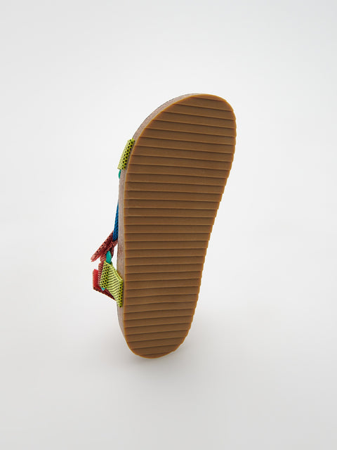 Close-up of a sandal sole with a textured surface on a white background