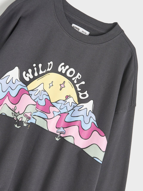 Gray sweatshirt with colorful mountain and 'Wild World' text design on a light gray background