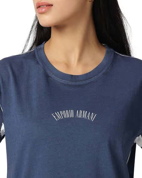 Emporio Armani Women's Dark Blue/WhitePrinted Regular Fit Cotton T-Shirt | Emporio Armani In Lebanon