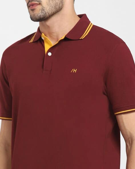 Selected Homme Men's Burgundy Brand Logo Embroidered Textured Polo T-Shirt | Selected Homme In Lebanon