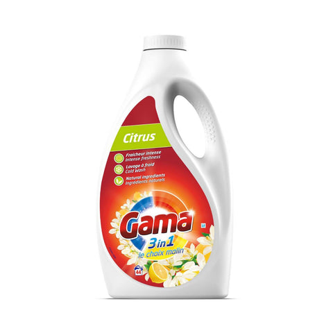 Gama laundry detergent bottle with colorful label on a white background